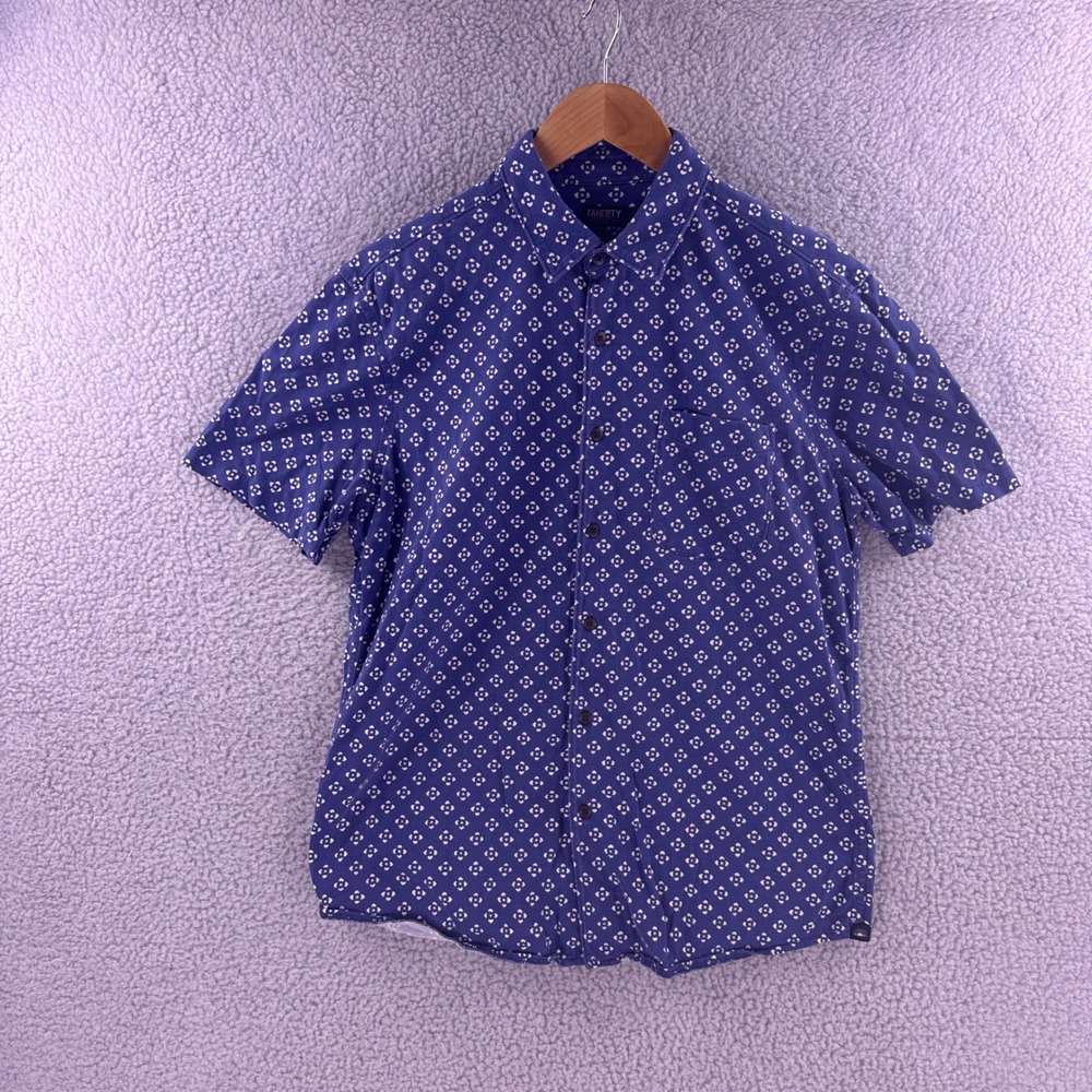 Faherty Reserve Mens Blue White Geometric Print Short Sleeve Button Down Shirt M